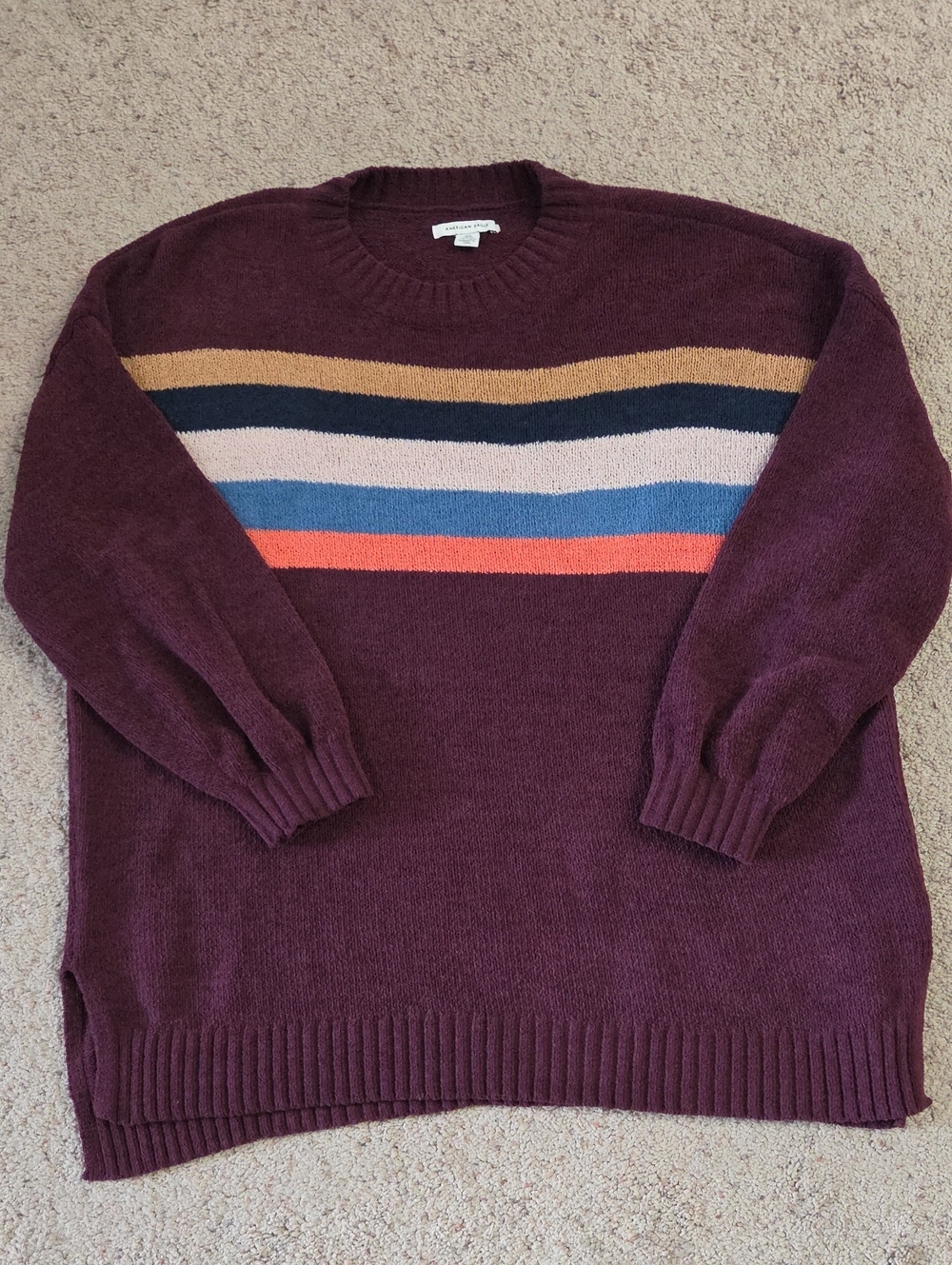 American Eagle Maroon Crewneck Sweater with Multi-Color Stripes Size XS Oversize